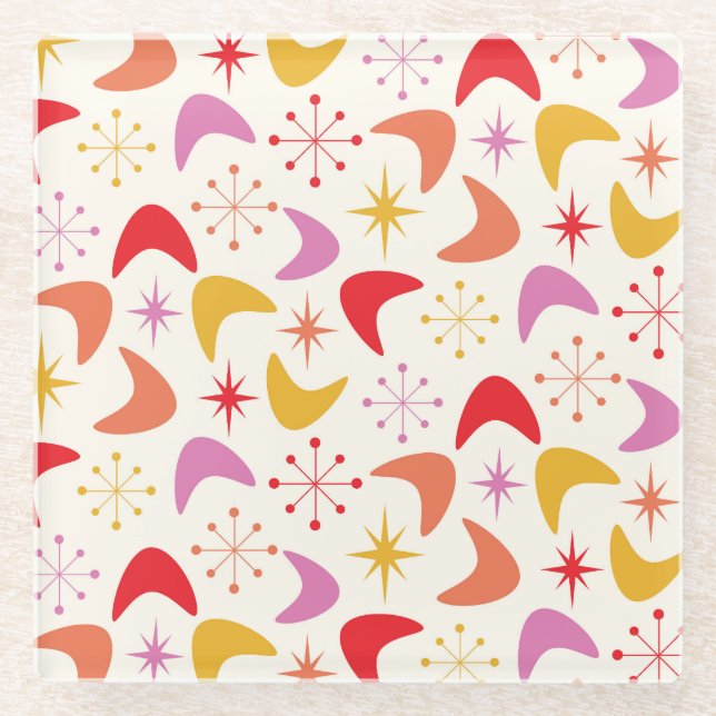 Mid Century Boomerang with Colourful  Atomic Stars Glass Coaster (Front)