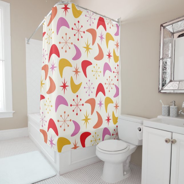 Mid Century Boomerang with Colourful  Starbursts  Shower Curtain (In Situ)