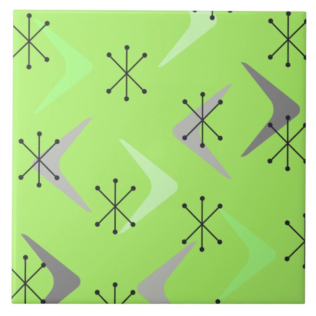 Mid Century Boomerangs Starbursts Green Ceramic Tile (Front)