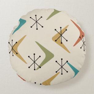 Mid Century Boomerangs Starbursts Multicolored Round Cushion