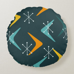 Mid Century Boomerangs Starbursts Teal Round Cushion