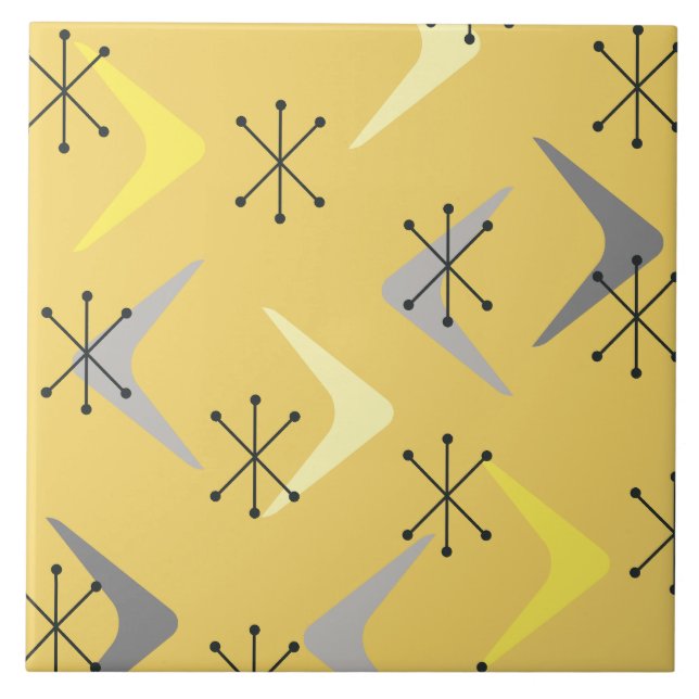 Mid Century Boomerangs Starbursts Yellow Ceramic Tile (Front)