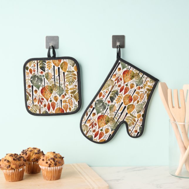 Mid-Century Botanical Fall Forest Oven Mitt & Pot Holder Set (Insitu(Hanging))