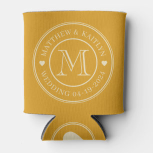 Mid-Century Burnt Buttercup Wedding Monogram Heart Can Cooler