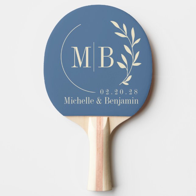 Mid-Century Capri Blue Leaf Wedding Monogram Ping Pong Paddle (Front)