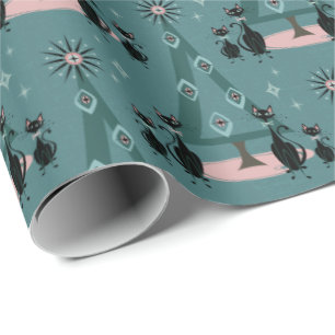Mid Century Cat Family Holiday on Blue Wrapping Paper
