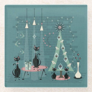 Mid Century Cat Family Holiday ©studioxtine Glass Coaster