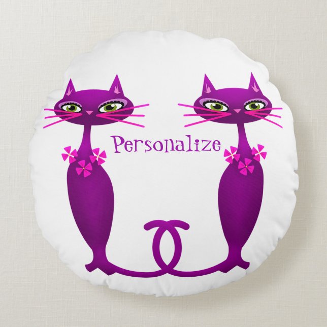 Mid century cat in purple and pink cute girly round cushion (Front)