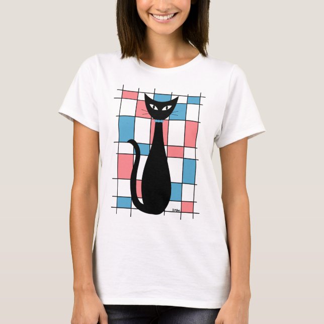 Mid Century Cat with Blue and Pink Rectangles T-Shirt (Front)
