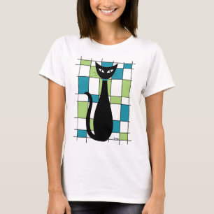 Mid Century Cat with Green and Teal Rectangles T-Shirt