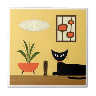 Mid Century Cat with Mod Pods on Yellow Ceramic Tile