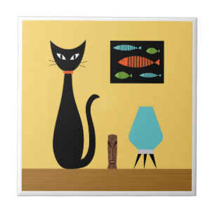 Mid Century Cat with Retro Fish on Yellow Ceramic Tile