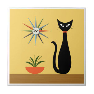 Mid Century Cat with Starburst Clock on Yellow Ceramic Tile