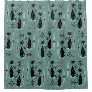 Mid Century Cats and Clocks Shower Curtain