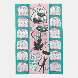 Mid-Century Cats Calendar Kitchen Towel