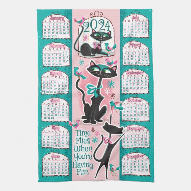 Mid-Century Cats Calendar Kitchen Towel (Vertical)