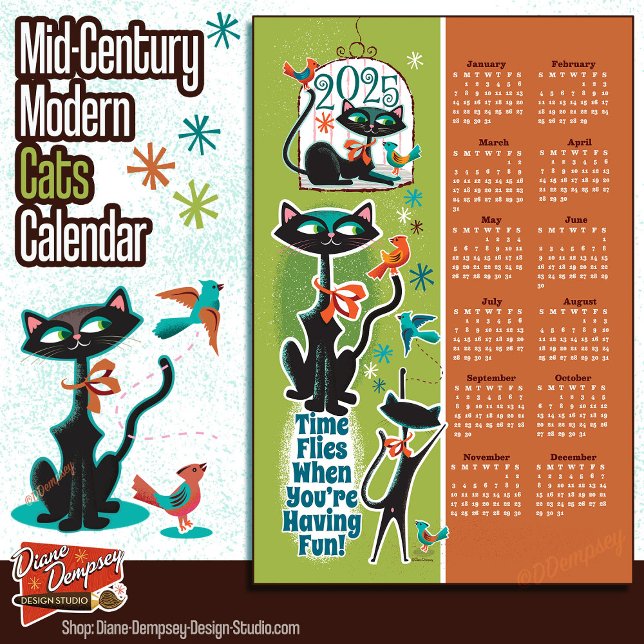Mid-Century Cats Calendar Kitchen Towel Green/Rust (Creator Uploaded)