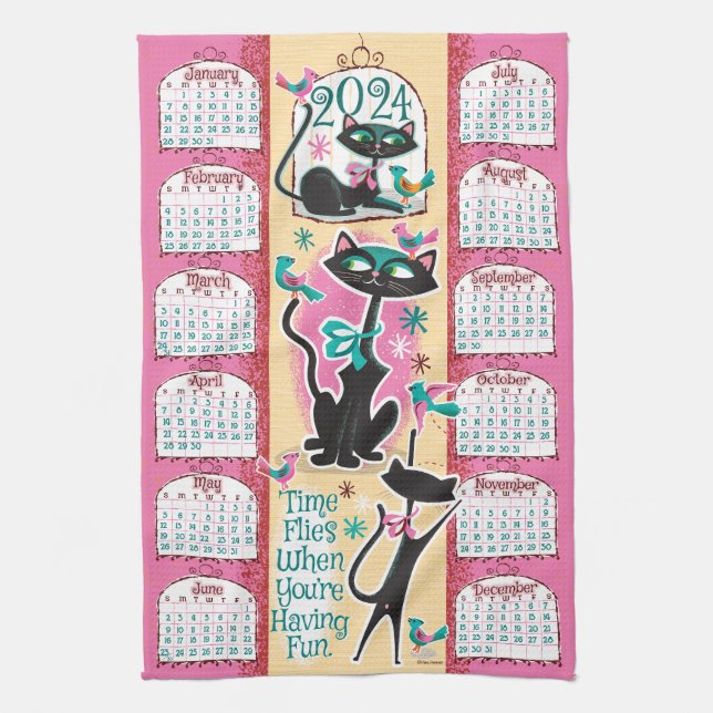 Mid-Century Cats Calendar Kitchen Towel Pink (Vertical)