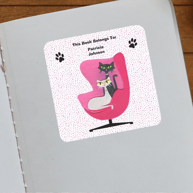 Mid Century Cats Pink Chair Paw Prints Polka Dots Square Sticker (Mid century cats in pink chair cat paw prints on white with pink polka dots book ownership label.)