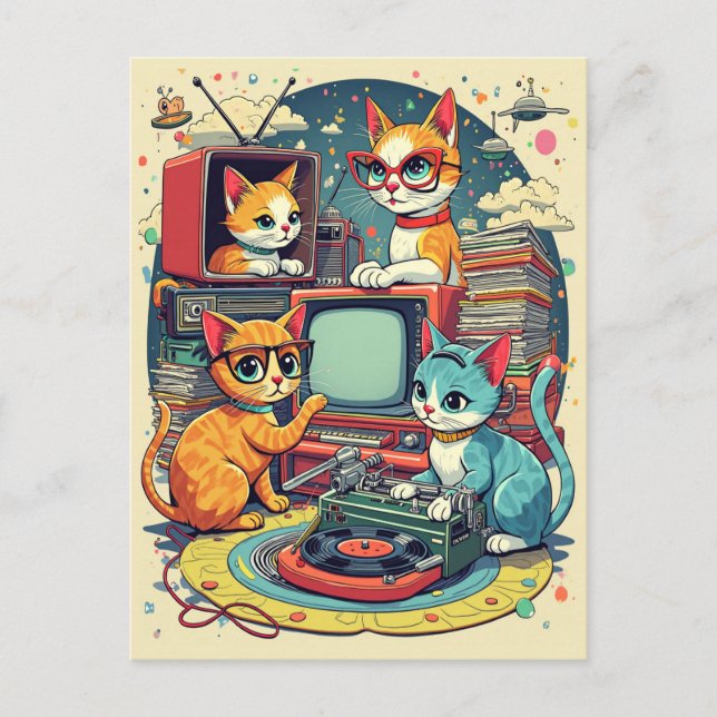 Mid Century Cats with Retro Records & TV Postcard (Front)