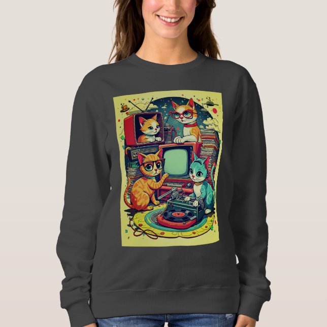 Mid Century Cats with Retro Records & TV Sweatshirt (Front)