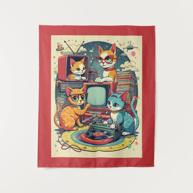 Mid Century Cats with Retro Records & TV Tapestry (Front)