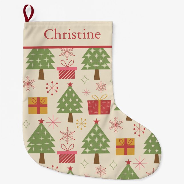 Mid Century Christmas Atomic Trees custom name  Large Christmas Stocking (Front)