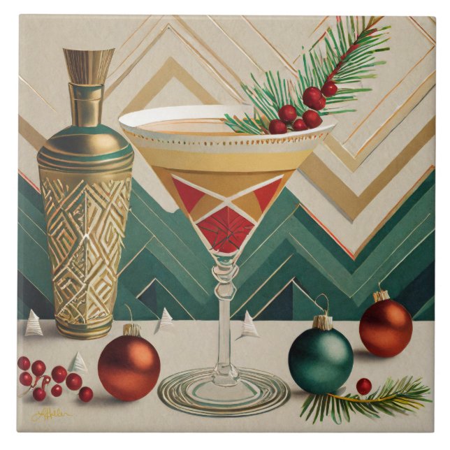 Mid Century Christmas Cocktail Party Happy Hour Ceramic Tile (Front)