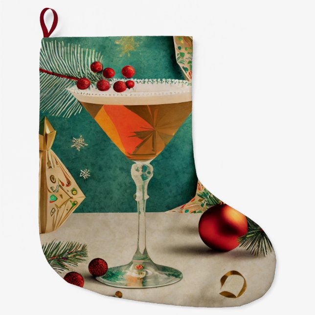 Mid Century Christmas Cocktail Party Happy Hour Large Christmas Stocking (Front)