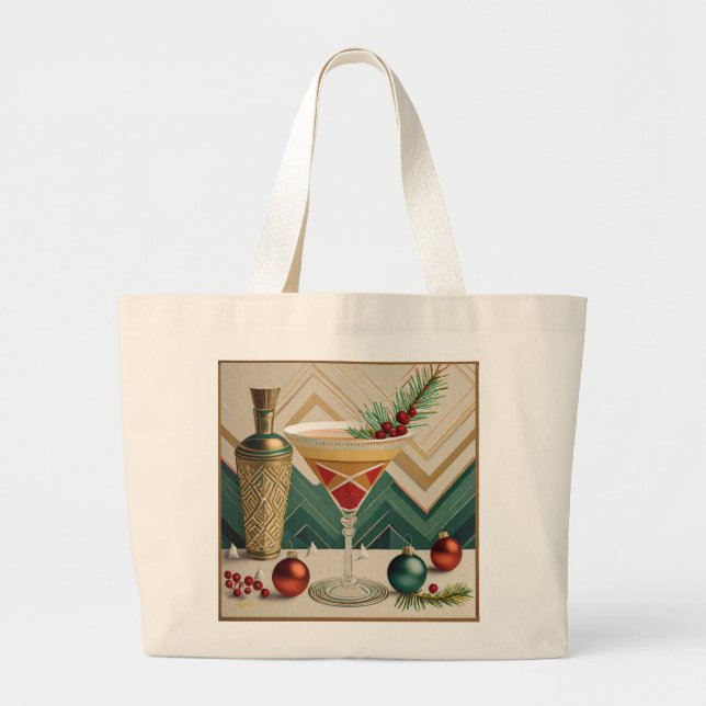 Mid Century Christmas Cocktail Party Happy Hour Large Tote Bag (Front)