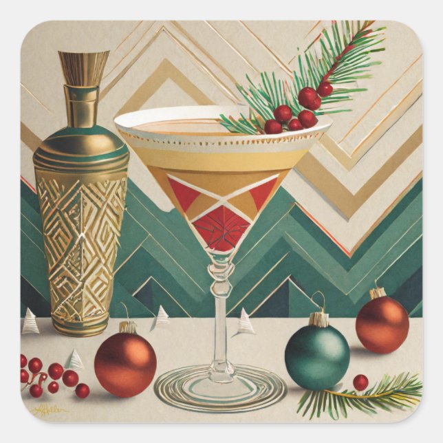 Mid Century Christmas Cocktail Party Happy Hour Square Sticker (Front)