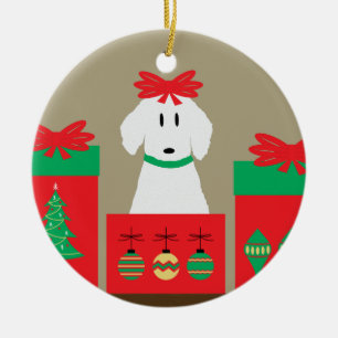 Mid Century Christmas Dog in Box Ceramic Ornament