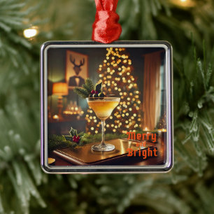 Mid Century Christmas Merry & Bright Cocktail Metal Ornament