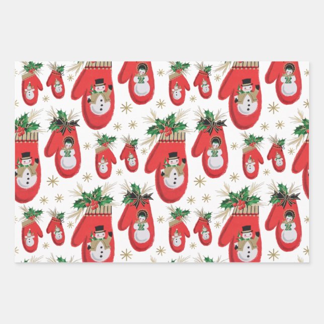 Mid Century Christmas Mittens Wrapping Paper Sheet (Front)