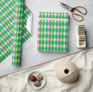 Mid Century Christmas Pink and Green Diamonds Wrapping Paper
