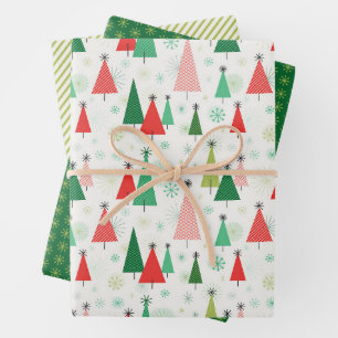 Mid Century Christmas Trees Green and Red Wrapping Paper Sheet
