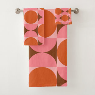 Mid Century Circles and Squares Pink Orange Bath Towel Set