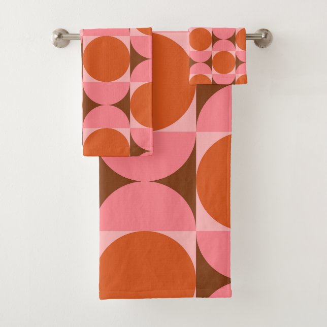 Mid Century Circles and Squares Pink Orange  Bath Towel Set (Insitu)