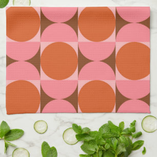 Mid century circles on squares pink and orange tea towel