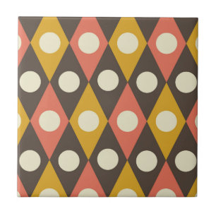 Mid Century Circles on Terracotta Mustard Diamonds Ceramic Tile