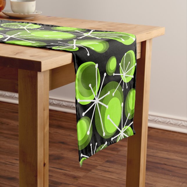 Mid Century Circles Starbursts Chartreuse Short Table Runner (In Situ)