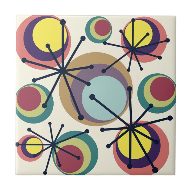 Mid Century Circles Starbursts Colourful Ceramic Tile (Front)