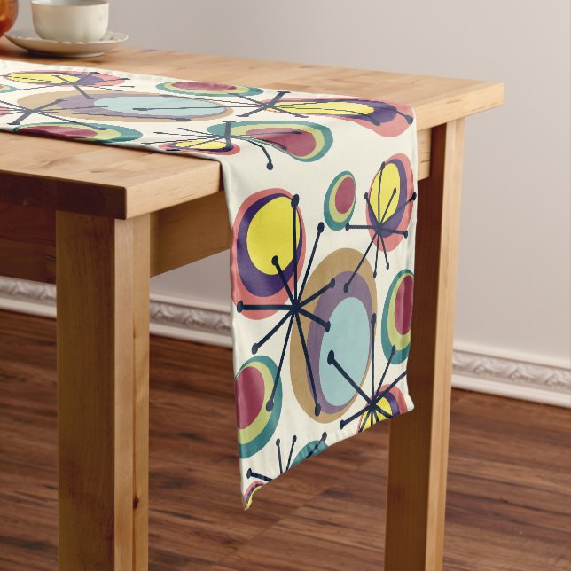Mid Century Circles Starbursts Colourful Short Table Runner (In Situ)