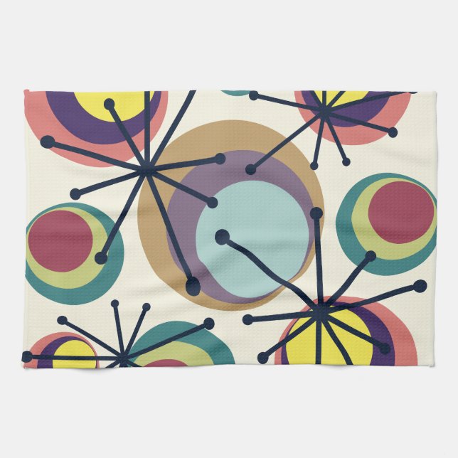 Mid Century Circles Starbursts Colourful Tea Towel (Horizontal)