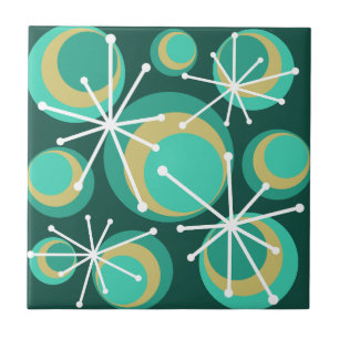 Mid Century Circles Starbursts Teal Ceramic Tile