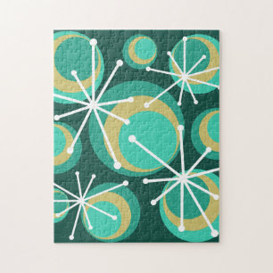 Mid Century Circles Starbursts Teal Jigsaw Puzzle