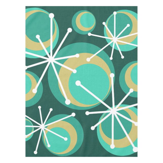 Mid Century Circles Starbursts Teal Tablecloth (Front)