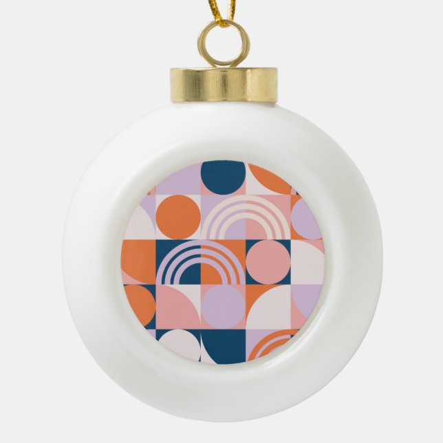 Mid-Century Circles Stripes: Geometric Pattern Ceramic Ball Christmas Ornament (Front)