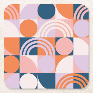 Mid-Century Circles Stripes: Geometric Pattern Square Paper Coaster