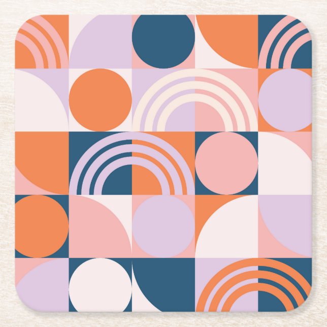 Mid-Century Circles Stripes: Geometric Pattern Square Paper Coaster (Front)